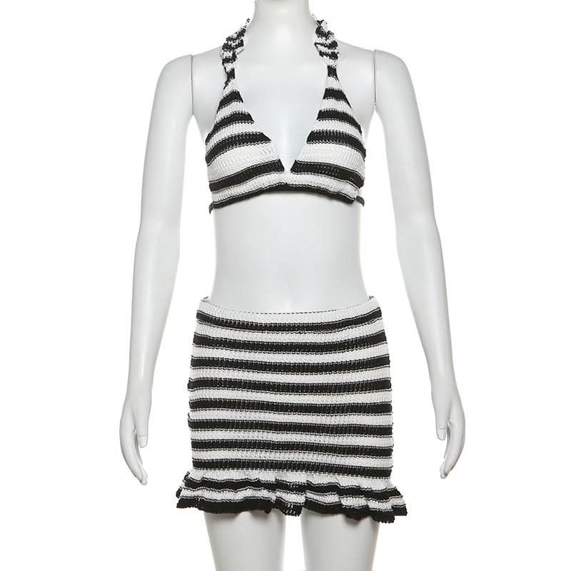 Fall Getaway Chic: Striped Knit Halter Top & Ruffle Mini Skirt Set