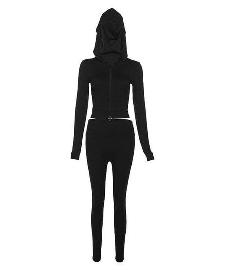 Cozy Fall Athleisure: Women's Black Full-Zip Crop Hoodie & Legging Set