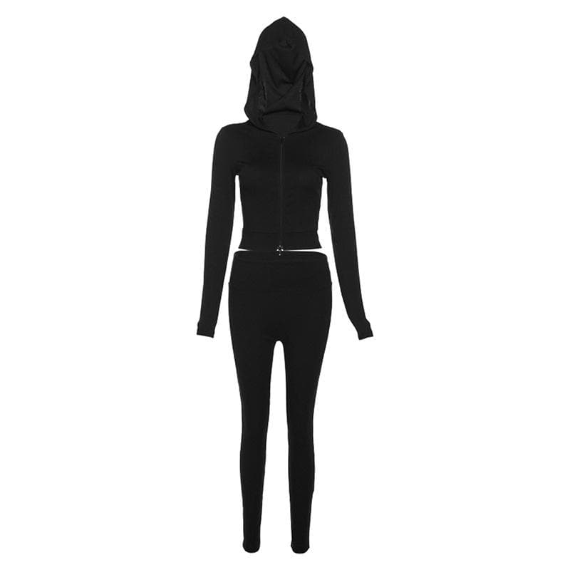 Cozy Fall Athleisure: Women's Black Full-Zip Crop Hoodie & Legging Set