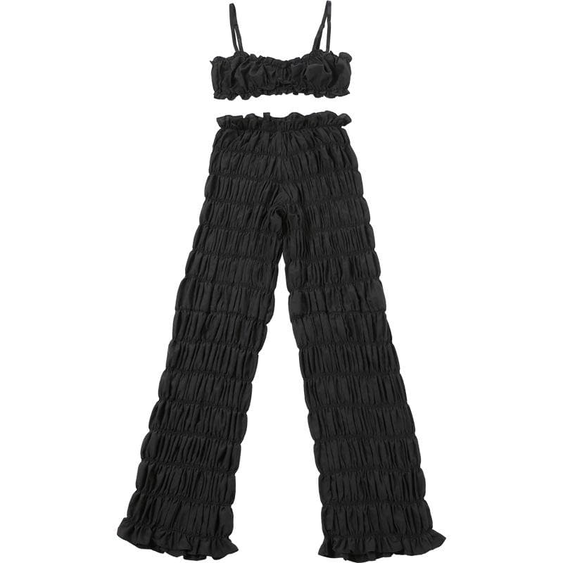 Effortless Fall Chic: Textured Smocked Crop Top & Low-Rise Pant Set for Women