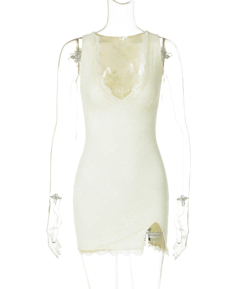 Alluring Ivory Lace V-Neck Mini Dress with Slit | Perfect for Fall Parties & Date Nights