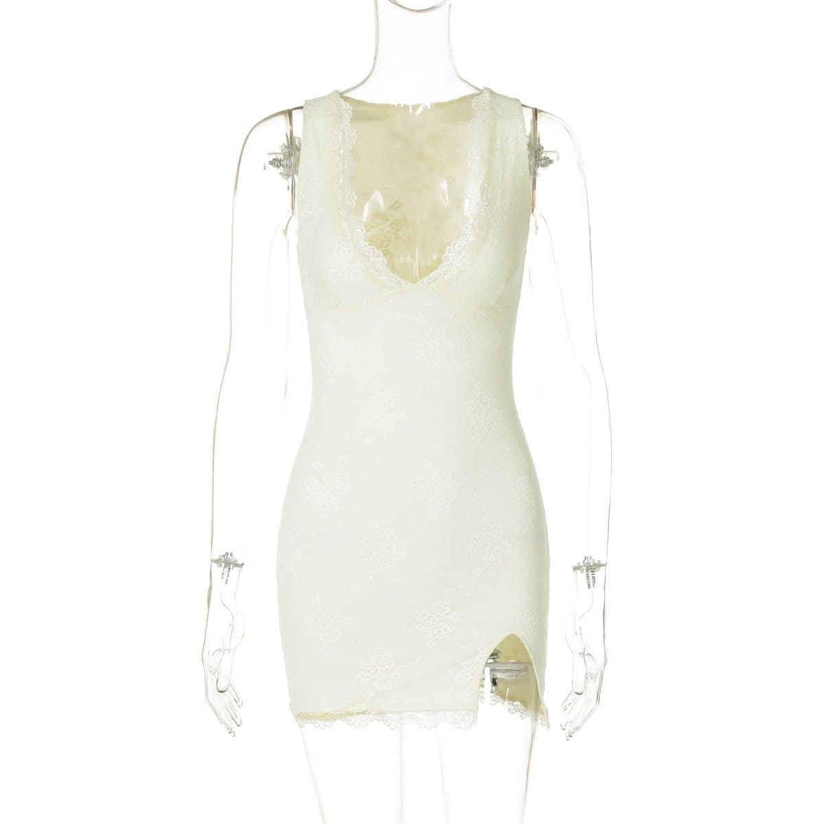 Alluring Ivory Lace V-Neck Mini Dress with Slit | Perfect for Fall Parties & Date Nights