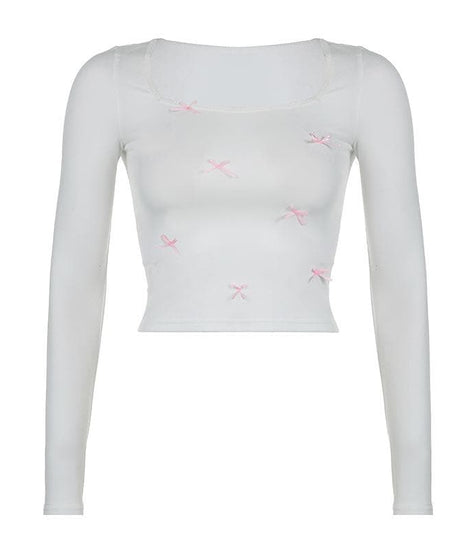 Sweetheart Square Neck Long Sleeve Top with Dainty Pink Bows - Your Perfect Fall Staple