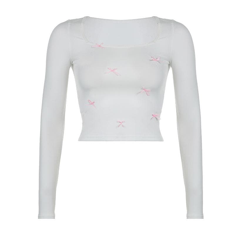 Sweetheart Square Neck Long Sleeve Top with Dainty Pink Bows - Your Perfect Fall Staple