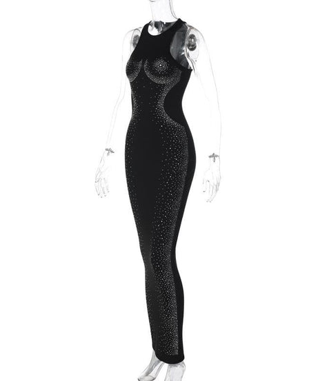 Dazzling Rhinestone Embellished Black Maxi Dress - Holiday Gala & New Year's Eve Glamour