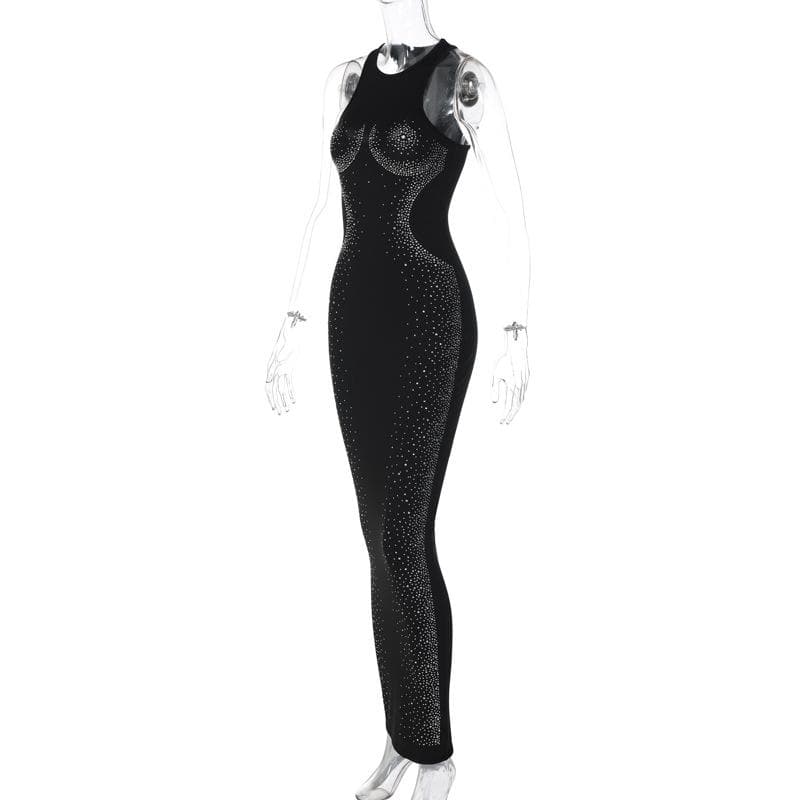 Dazzling Rhinestone Embellished Black Maxi Dress - Holiday Gala & New Year's Eve Glamour