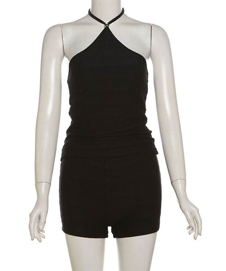 Effortless Chic: Black Halter Neck Backless Textured Shorts Set – Perfect for Fall Layering & Cozy Comfort