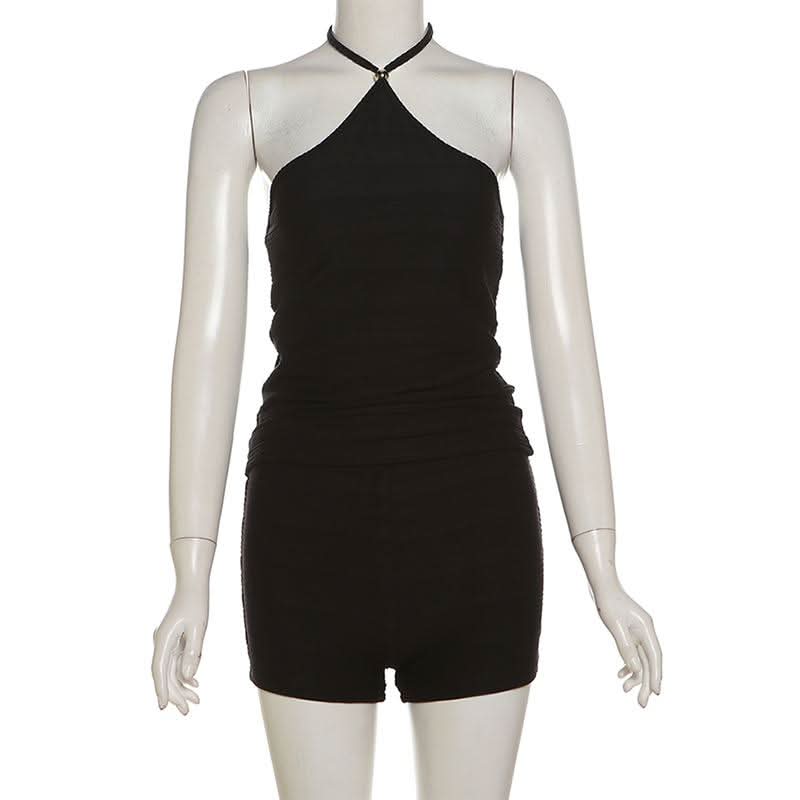 Effortless Chic: Black Halter Neck Backless Textured Shorts Set – Perfect for Fall Layering & Cozy Comfort
