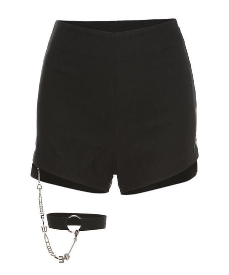 Edgy Chic High-Waisted Black Shorts with Detachable Letter Chain Garter – Your Fall & Halloween Party Essential