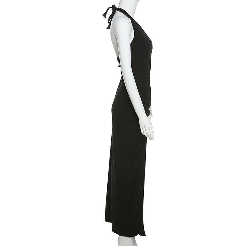Autumn's Embrace: Luxe Halter Maxi Dress with Keyhole & Seductive High Slit