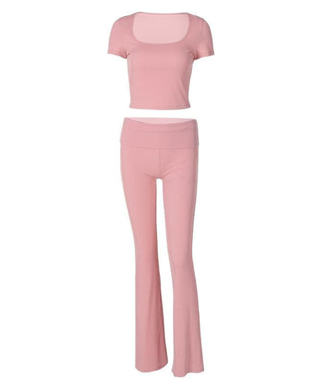 Blush Pink U-Neck Crop Top & Flared Pants Set: Cozy Chic for Fall Comfort & Athleisure