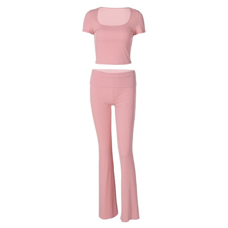 Blush Pink U-Neck Crop Top & Flared Pants Set: Cozy Chic for Fall Comfort & Athleisure
