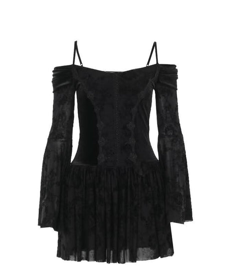 Slay the Night: Gothic Velvet Off-Shoulder Mini Dress - Dramatic Flared Sleeves for Halloween & Fall Parties