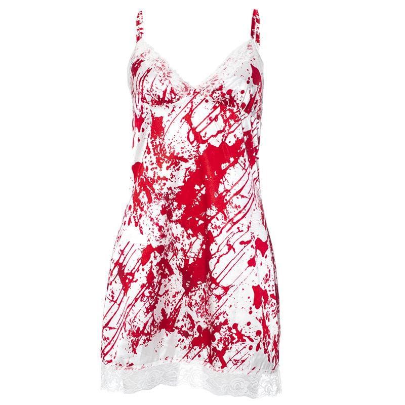 Killer Chic: Women's Blood Splatter Halloween Cami Dress with Lace Trim – Spooky Costume