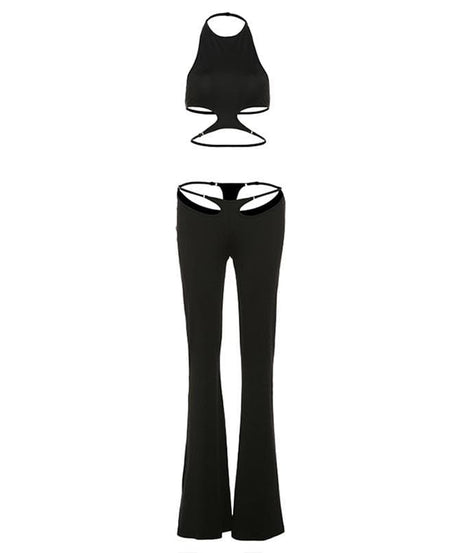 Electrify Your Fall Nights: Daring Cut-Out Halter Crop & Flared Pant Set – Perfect for Halloween & Parties