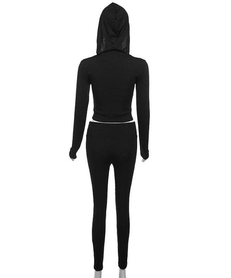 Cozy Fall Athleisure: Women's Black Full-Zip Crop Hoodie & Legging Set