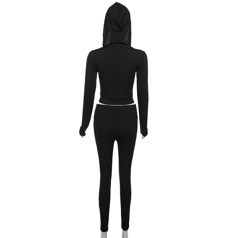 Cozy Fall Athleisure: Women's Black Full-Zip Crop Hoodie & Legging Set