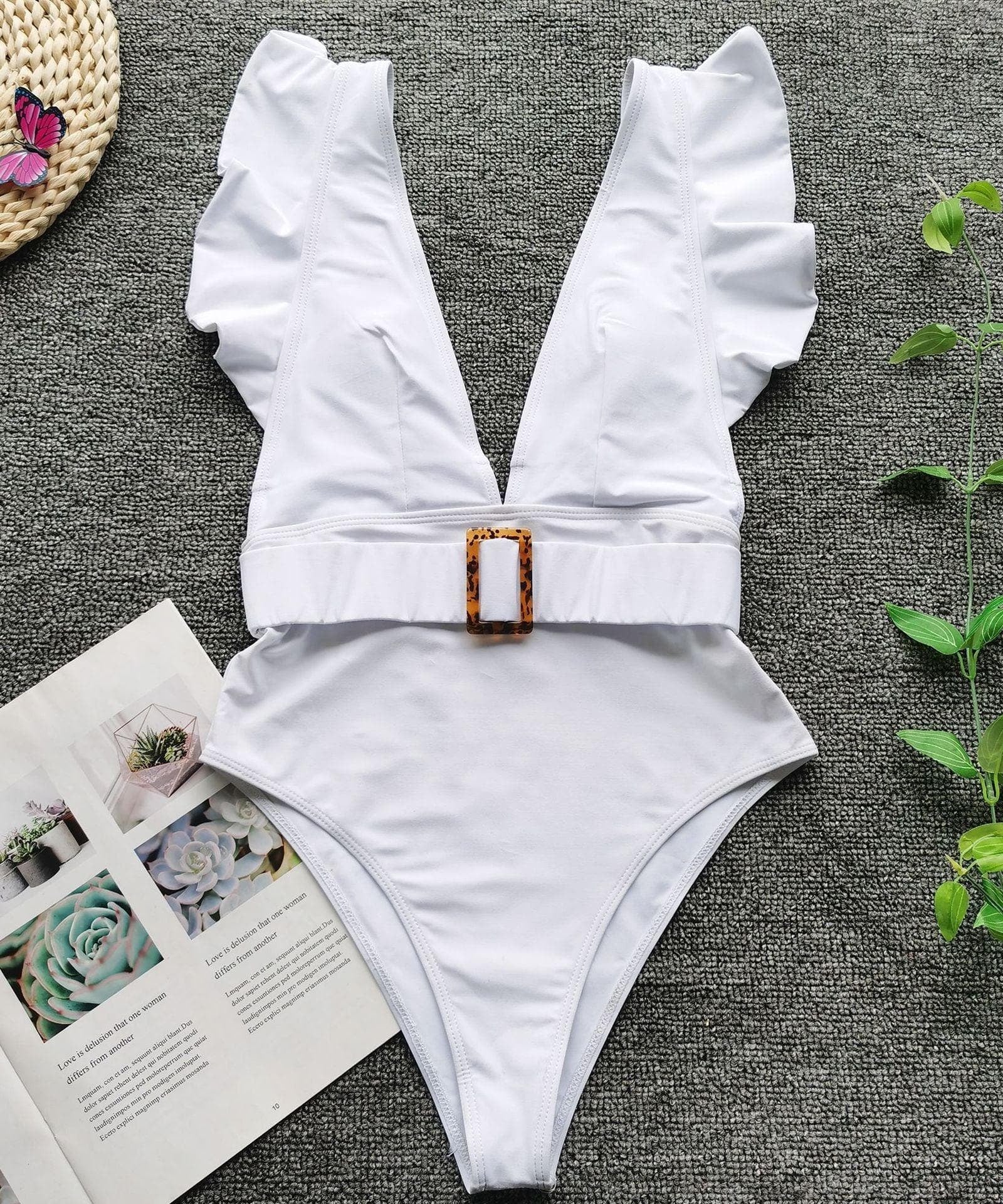 Chic White Ruffle V-Neck One-Piece Swimsuit with Tortoiseshell Buckle | Your Resort & Winter Vacation Essential