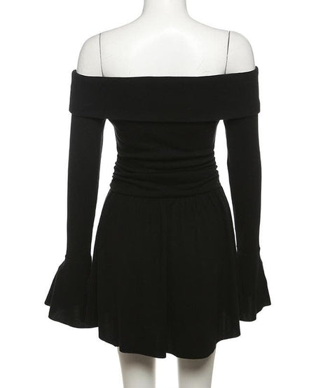 Effortless Elegance: Off-Shoulder Rose Appliqué Mini Dress with Flared Sleeves - Your Fall & Holiday Go-To