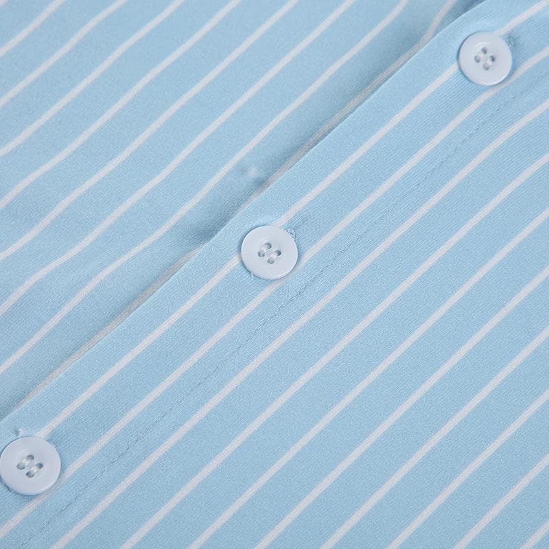 Effortless Chic: Women's Blue & White Striped Button-Down Top - Fall Transitional Style