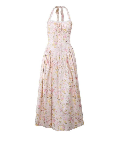 Romantic Autumn Bloom Halter Midi Dress with Lace Trim - Perfect for Fall Events & Getaways