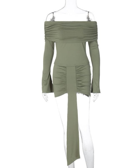 Trendy Fall Nights: Ruched Off-Shoulder Crop Top & Asymmetrical Mini Skirt Set