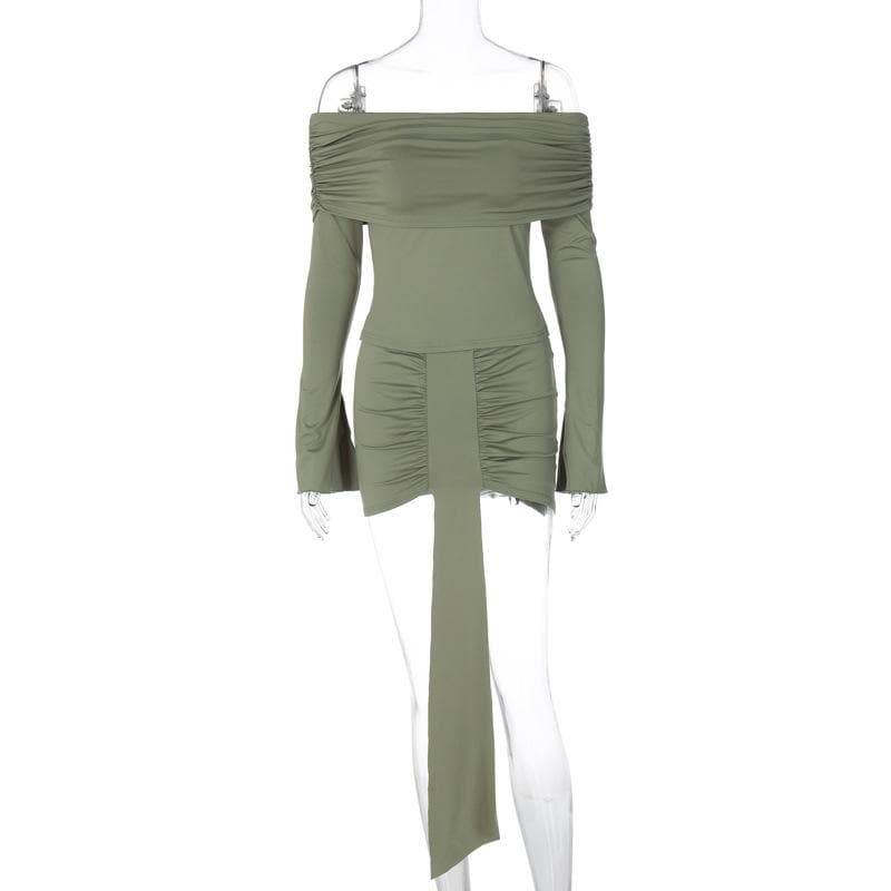 Trendy Fall Nights: Ruched Off-Shoulder Crop Top & Asymmetrical Mini Skirt Set