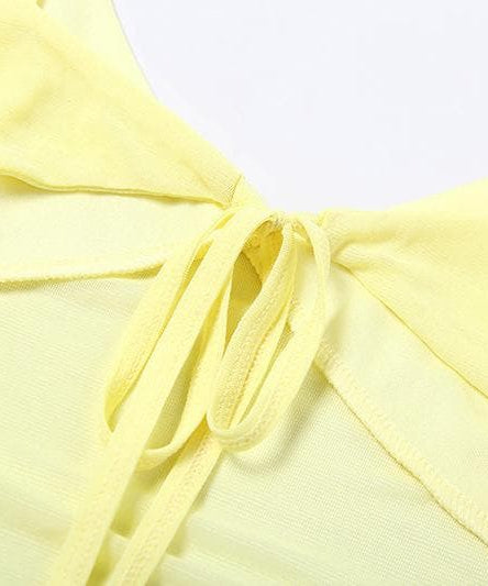 Golden Hour Glow: Breezy Yellow Mesh Cami & Ruffle Slit Maxi Skirt Set - Vacation & Resort Ready