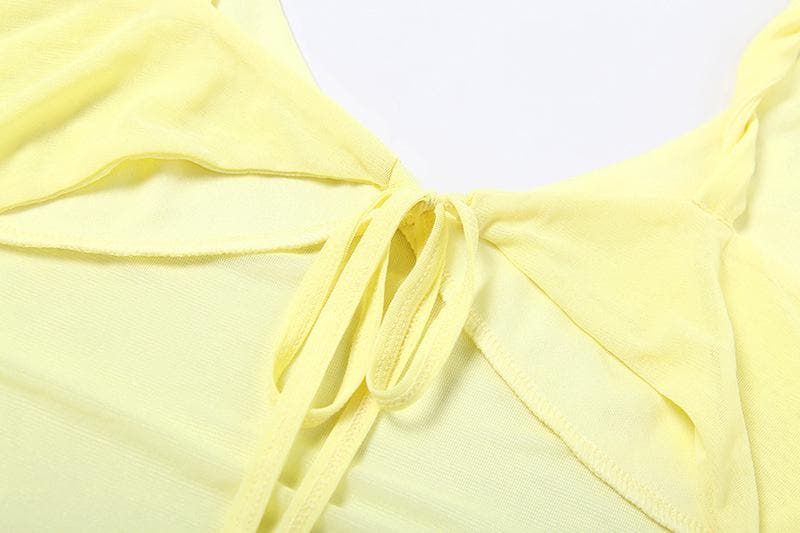 Golden Hour Glow: Breezy Yellow Mesh Cami & Ruffle Slit Maxi Skirt Set - Vacation & Resort Ready