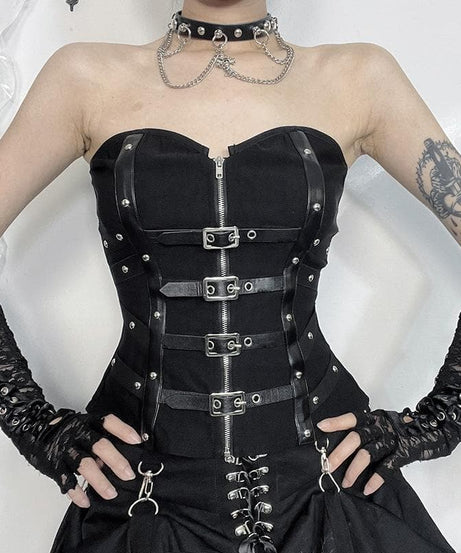 Rebel Chic Buckle & Zip Corset Top | Edgy Strapless Bustier for Fall & Halloween