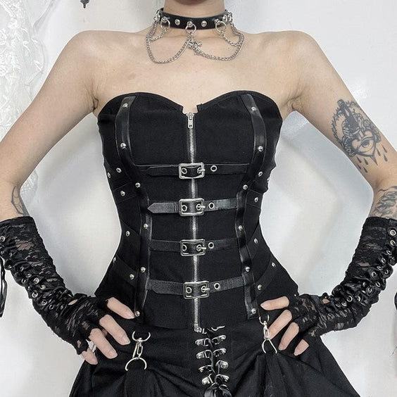 Rebel Chic Buckle & Zip Corset Top | Edgy Strapless Bustier for Fall & Halloween