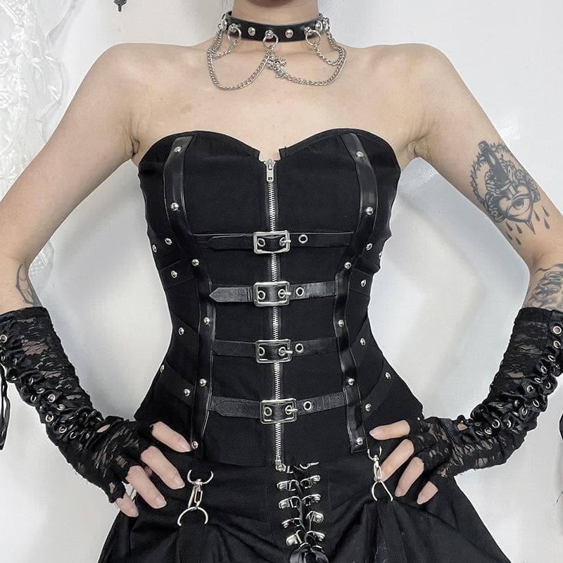 Rebel Chic Buckle & Zip Corset Top | Edgy Strapless Bustier for Fall & Halloween