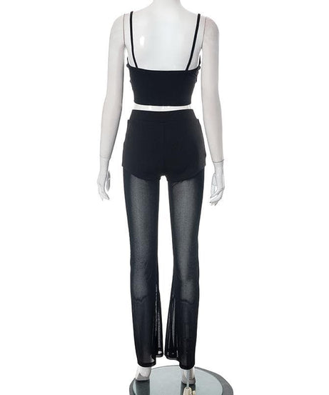 Spooky Season Stunner: 'B' Detail Mesh Flare Cami & Pant Set - Edgy Night Out Look