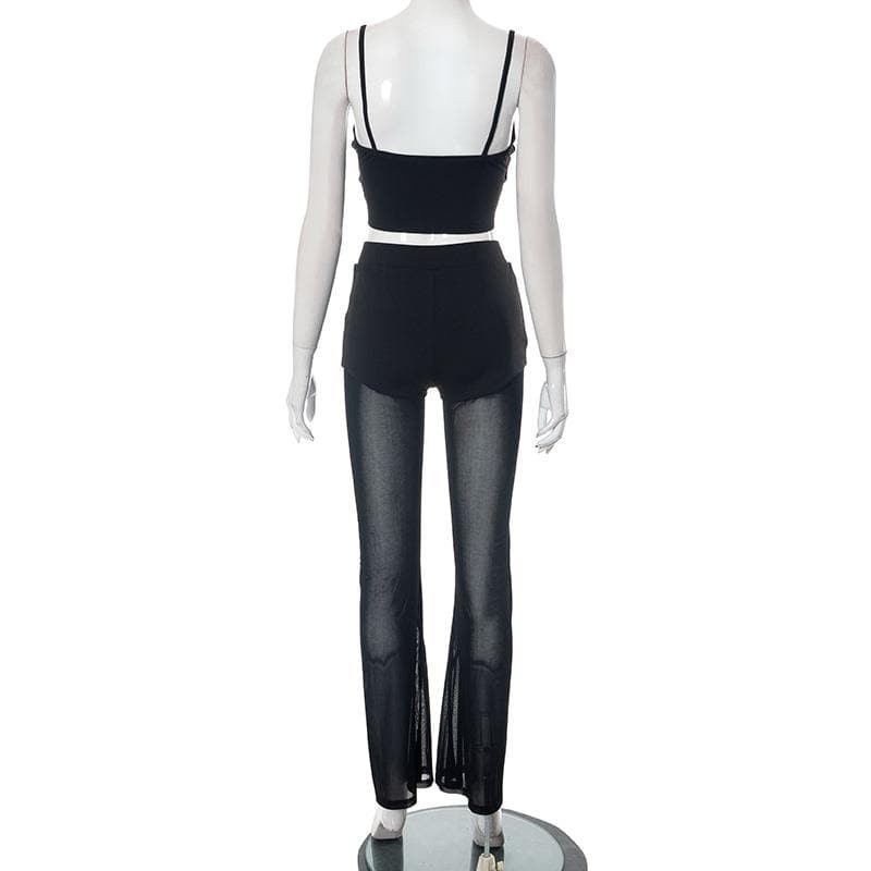 Spooky Season Stunner: 'B' Detail Mesh Flare Cami & Pant Set - Edgy Night Out Look