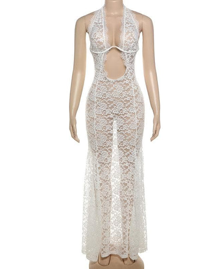 Daring White Lace Halter Cut-Out Maxi Dress - The Ultimate Statement for Fall Galas & Holiday Celebrations