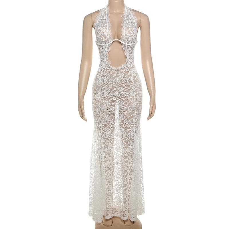 Daring White Lace Halter Cut-Out Maxi Dress - The Ultimate Statement for Fall Galas & Holiday Celebrations
