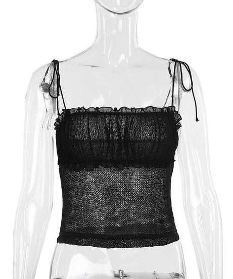Chic Sheer Knit Ruffle Cami Top with Adjustable Tie-Shoulders - Fall Layering & Night Out Essential