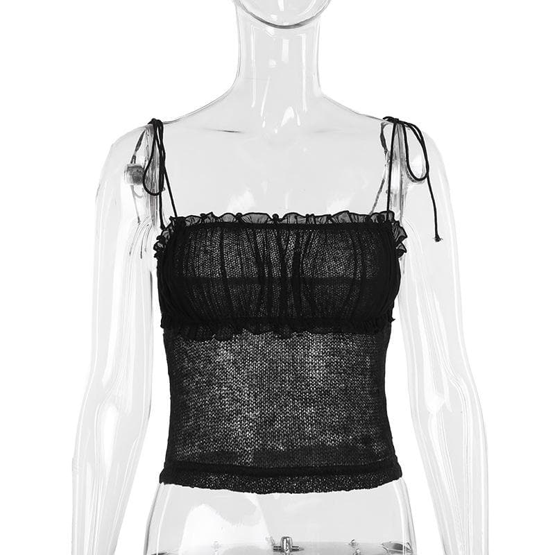 Chic Sheer Knit Ruffle Cami Top with Adjustable Tie-Shoulders - Fall Layering & Night Out Essential
