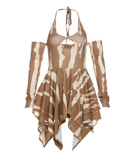 Edgy Fall Nights: Abstract Print Halter Cut-Out Mini Dress with Cold Shoulder Sleeves