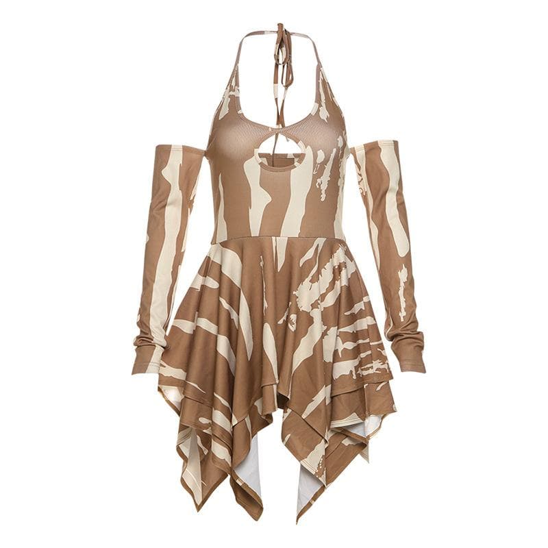Edgy Fall Nights: Abstract Print Halter Cut-Out Mini Dress with Cold Shoulder Sleeves