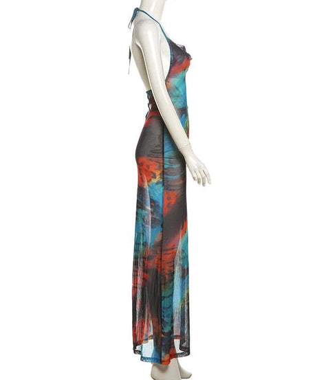 Vibrant Tie-Dye Mesh Maxi Dress – Cowl Neck Halter Backless for Fall Events & Escapes