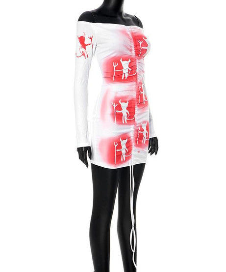 Wicked Temptress Off-Shoulder Ruched Mini Dress - Edgy Devil Print for Halloween & Beyond