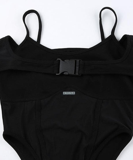Edgy Y2K Buckle Mesh Bodysuit & Off-Shoulder Shrug Set - Perfect for Fall Nights Out