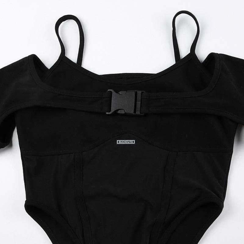 Edgy Y2K Buckle Mesh Bodysuit & Off-Shoulder Shrug Set - Perfect for Fall Nights Out