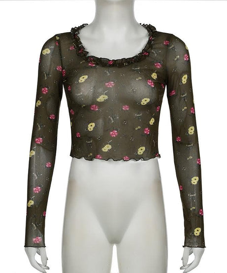 Trendy Floral Mesh Ruffle Crop Top - Sheer Long Sleeve for Fall Layering