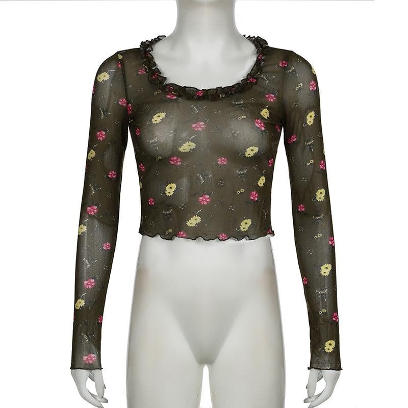 Trendy Floral Mesh Ruffle Crop Top - Sheer Long Sleeve for Fall Layering
