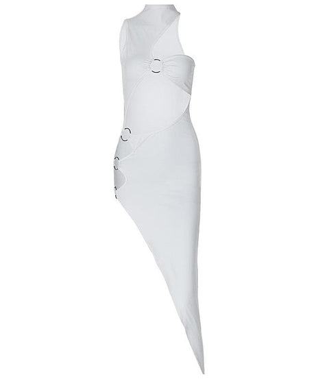 Sleek Siren White O-Ring Asymmetrical Midi Dress - Your Ultimate Fall Party Statement