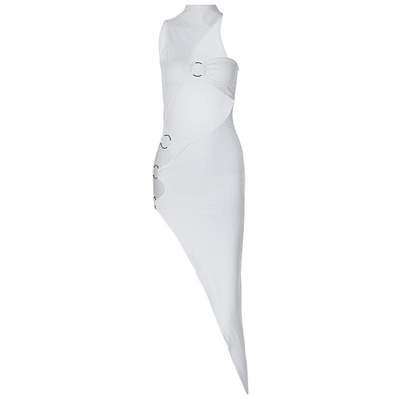 Sleek Siren White O-Ring Asymmetrical Midi Dress - Your Ultimate Fall Party Statement