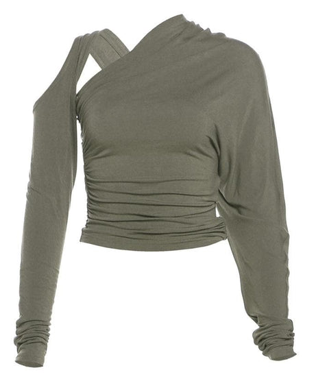 Fall Obsession: Chic One-Shoulder Ruched Mock Neck Top for Effortless Autumn Style