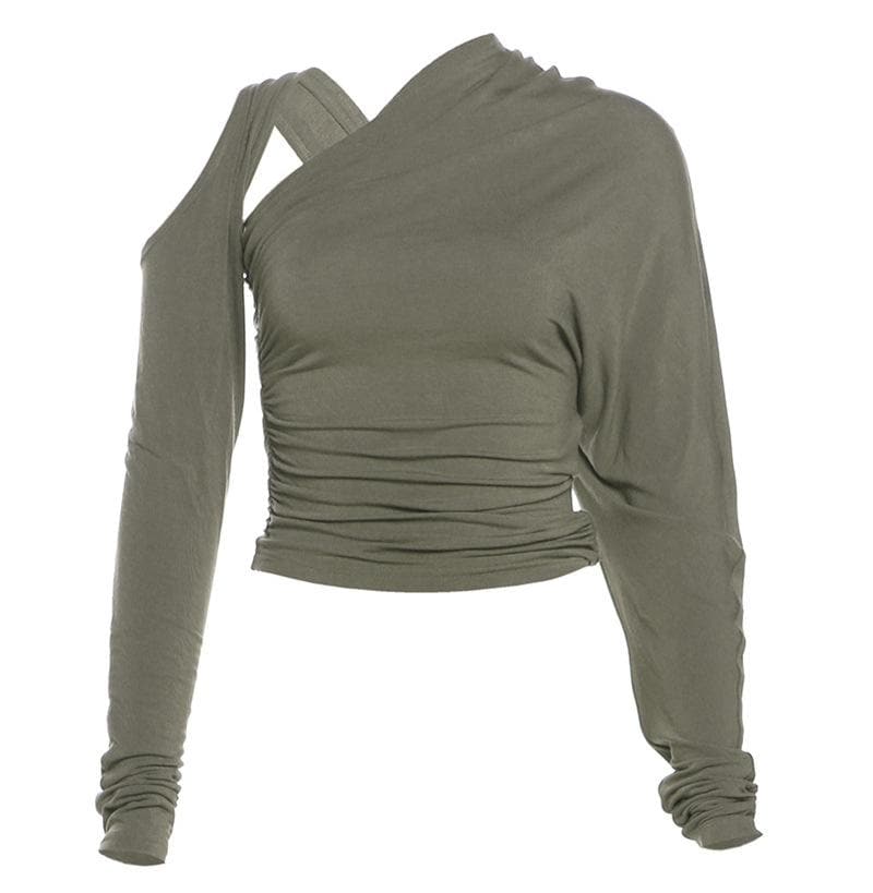 Fall Obsession: Chic One-Shoulder Ruched Mock Neck Top for Effortless Autumn Style